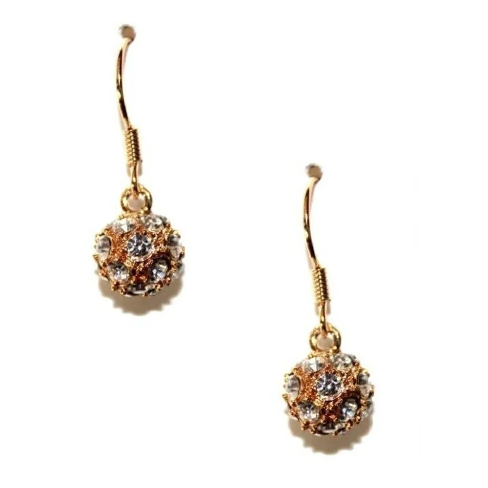 Bridal Sphere Classic Ball Goldtone Crystal Clear Drop Fish Hook Style Earrings